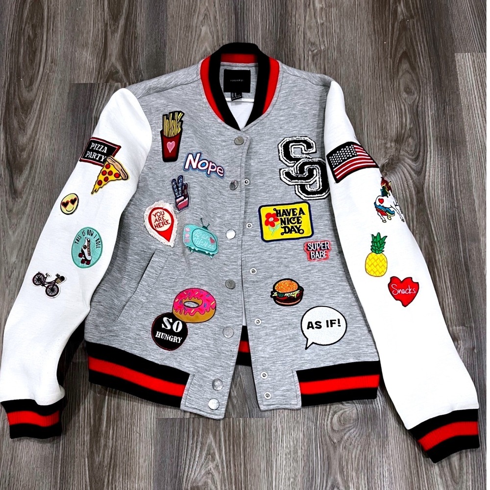 Forever 21 Jacket Women M Grey/White Crafted Varsity Patch Front Snap Coat